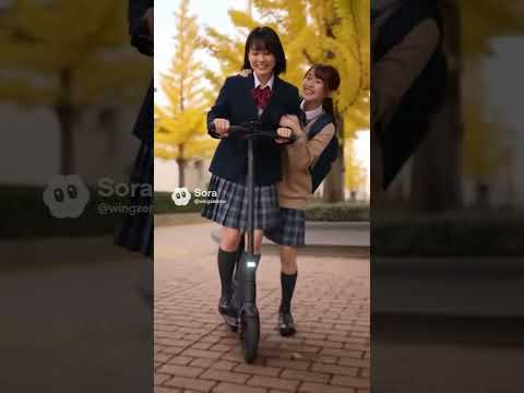 キックボードを2人乗りする制服美少女