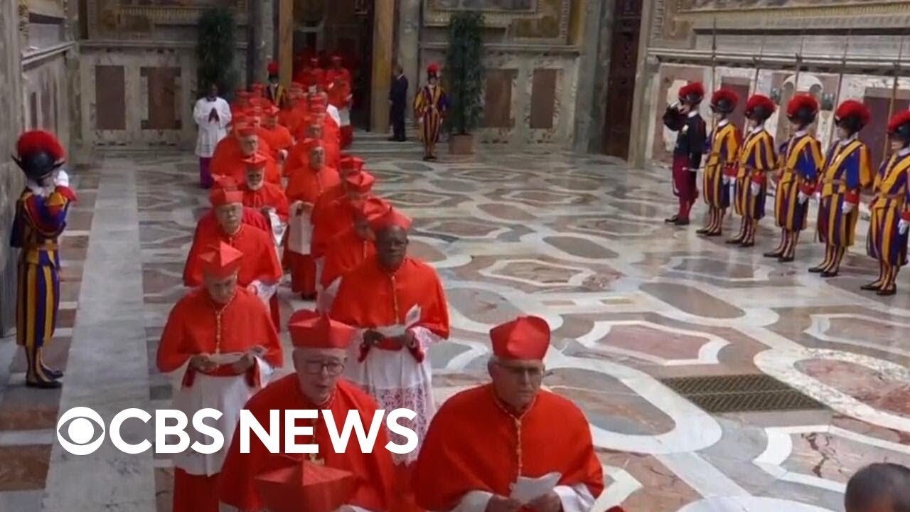 Procession into Sistine Chapel for conclave as cardinals sing "Litany of the Saints"