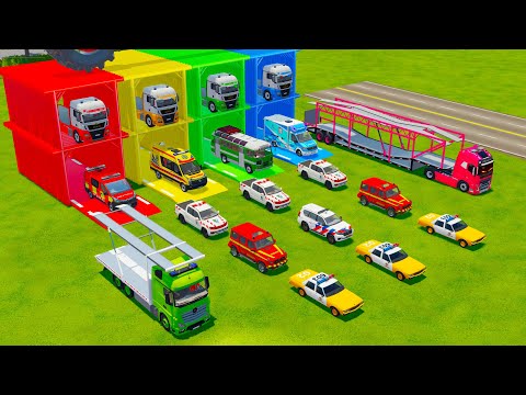 ALL POLICE CARS, FIRE AND RESCUE VEHICLES, MINIBUS TRANSPORT TO GARAGE WITH MAN TRUCKS - FS22