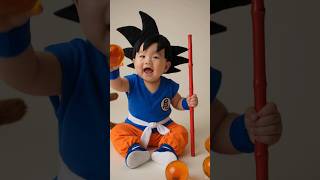 Bebê vestido de Goku do Dragon ball se divertindo e brincando com as esferas.#bebes#goku
