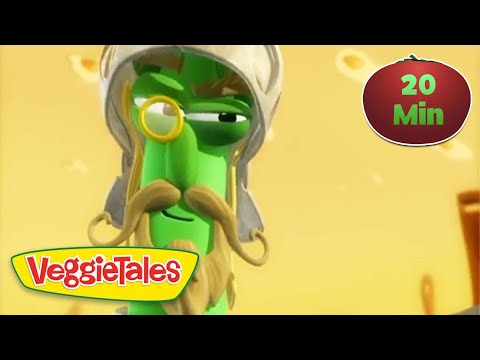 VeggieTales green veggie character with monocle and mustache on a yellow background, logo visible