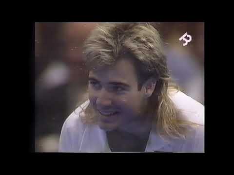 Boris Becker didn't like Andre Agassi's joke.  The ending is the best.              RR Master 1989
