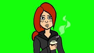 Cartoon Girl Drinking Coffee with Alpha green scre