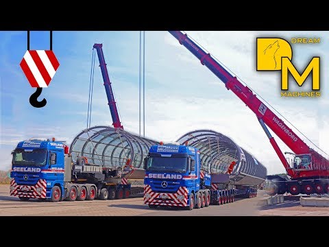 Die Kräne kommen extra aus NL! Terex Demag AC 700 + AC 500 heben Brücke auf Schwertransport