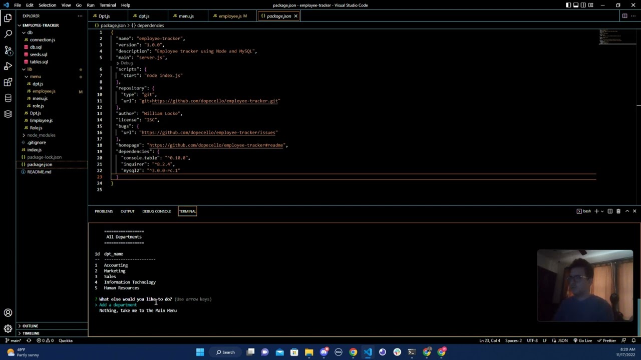 Employee Track (TUTORIAL) MySQL, Node, Inquirer