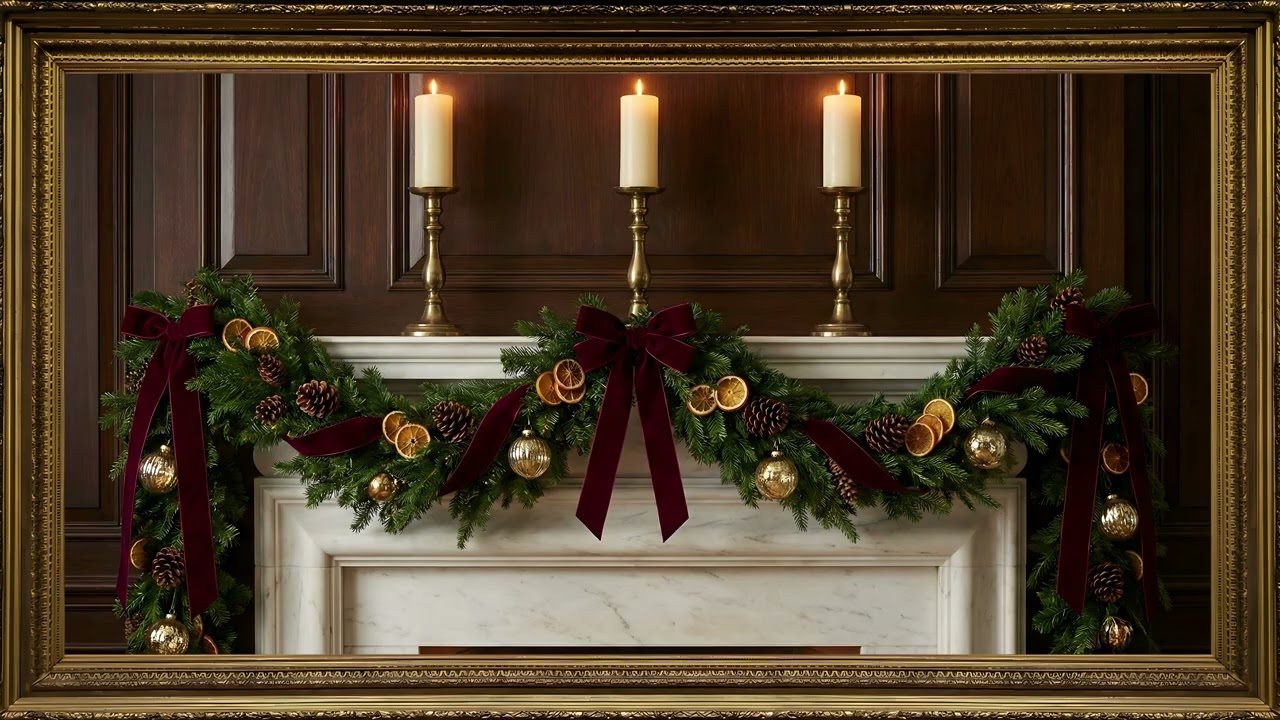 Christmas Mantel Candlelight White Marble Gold Frame TV Art | 2 Hours 4K — 4K ambient art screensaver in baroque gold frame