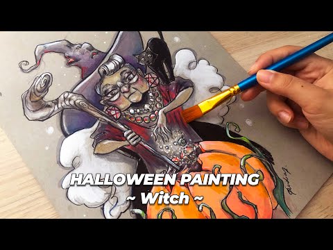 Painting a Witch For Halloween 🧙‍♀️🎃Using Copics, Acrylic Gouache, Watercolours | Inês Andias