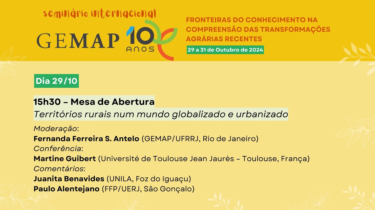 29/10 - 15h30 - Mesa de Abertura Territórios rurais num mundo globalizado e urbanizado