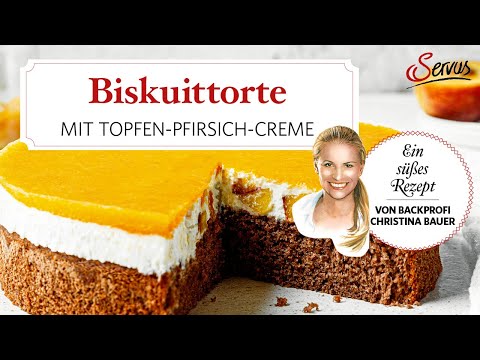 Biskuittorte mit Topfen-Pfirsich-Creme und Fruchtspiegel von Christina Bauer