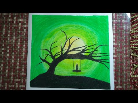 A alone girl scenery drawing -with oil pastel/lonely girl with moon