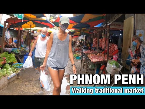 Exploring walking tour at market street food in Phnom Penh | Cambodian food tour 2021