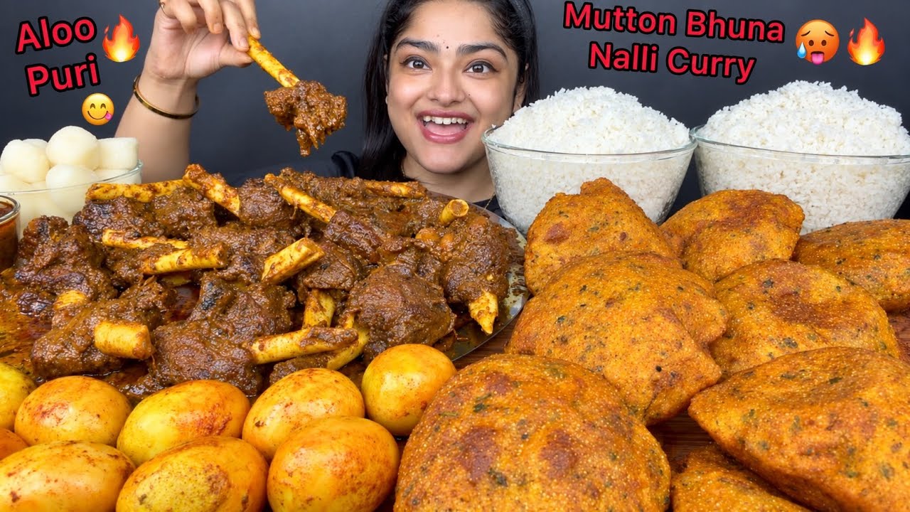 SPICY MUTTON NALLI BHUNA CURRY WITH MASALA ALOO PURI, FRIED BOILED EGGS & STEAM WHITE RICE, RASGULLA