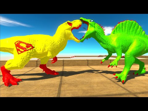 YELLOW SUPERMAN T-REX vs ALIEN SPINOSAURUS DEATH CLIMB - Animal Revolt Battle Simulator