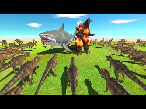 Carcharodontosaurus Challenge | Godzilla Burning VS Aquatics - Animal Revotl Battle Simulator