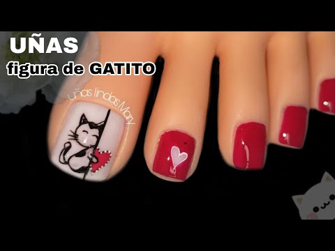 Diseño de uñas con Figura de GATITO🐱/TONO ROJO 😍