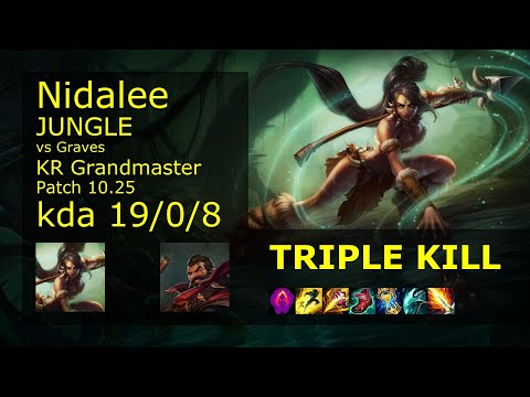 Nidalee Jungle vs Graves - KR Grandmaster 19/0/8 Patch 10.25 Gameplay // [롤] 니달리 vs 그레이브즈 정글