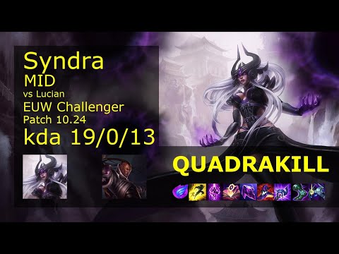 Syndra vs Lucian Mid - EUW Challenger 19/0/13 Patch 10.24 Gameplay