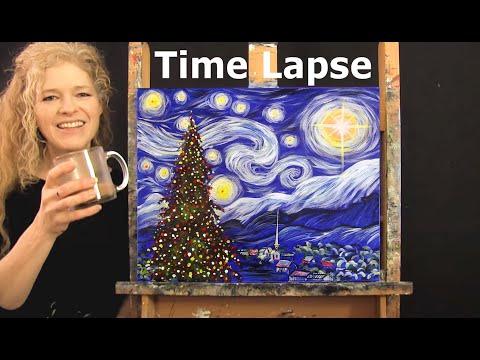 TIME LAPSE - Learn How to Paint STARRY NIGHT CHRISTMAS with Acrylic - Van Gogh Inspired Landscape