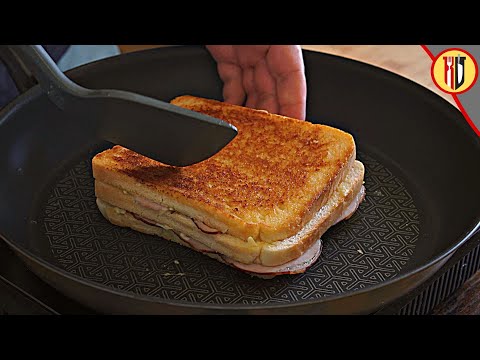 Toasted ham and cheese sandwich in the pan