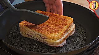 Toasted ham and cheese sandwich in the pan