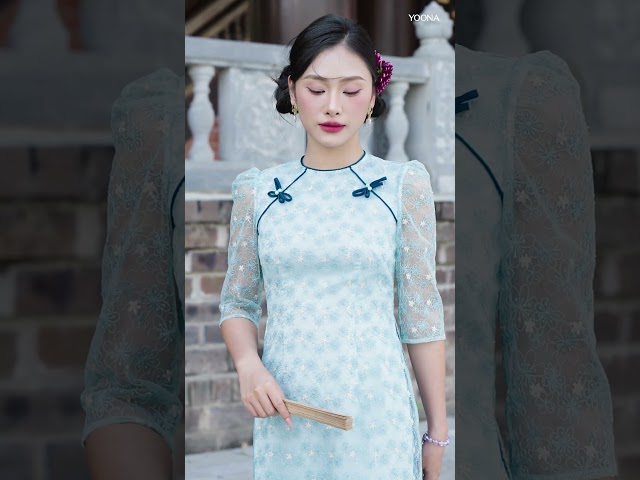 ND26B650 - Sét bộ áo dài ren thêu hoa mai