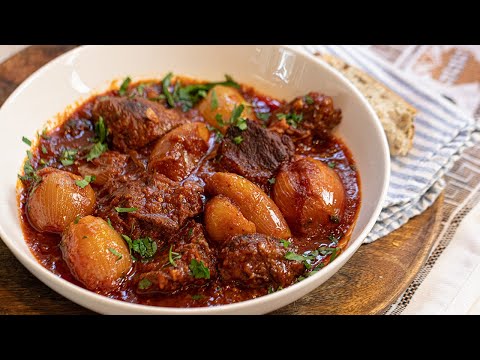 A Greek Classic Beef Stew: Stifado made with tender beef and shallots