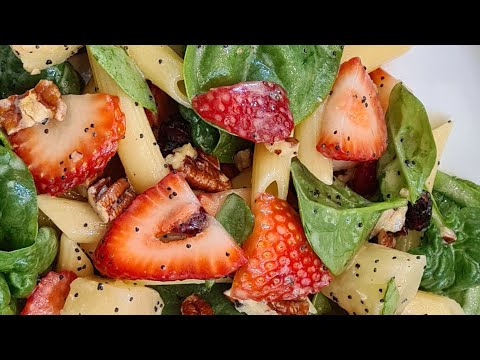 Easy Strawberry Spinach Pasta Salad with Sweet Poppyseed Dressing!