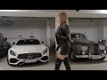 Granate Styling Walking In Public Garage High Heels Nice Cars Nice Sound Thigh High Boots