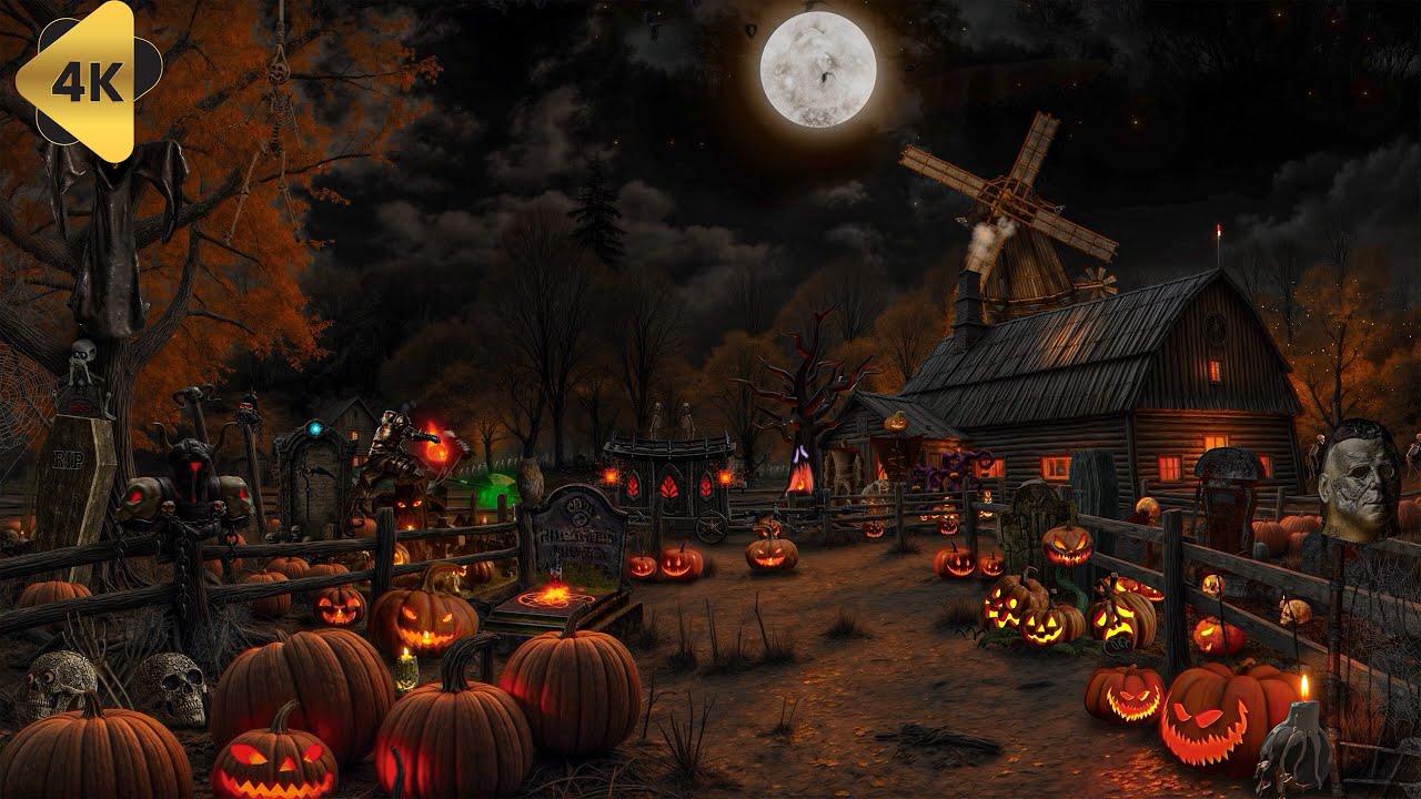 Haunted Pumpkin Farm Halloween Ambience with Relaxing Crackling Fire and Nature Sounds, White Noise🍂