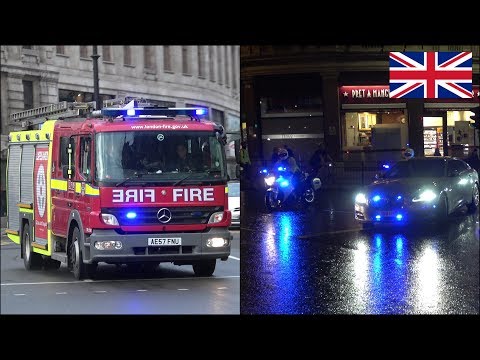 Police convoy + Fire engines responding with horn, siren and lights in London
