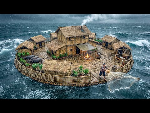 Solo Survival 365 Days Building Huge Bamboo Raft House With Absolutely No Modern Tools