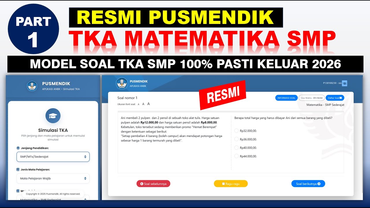 RESMI PUSMENDIK Pembahasan Soal TKA Matematika SMP MTs 2026 sesuai Kisi-kisi Kemdikbud Part-1