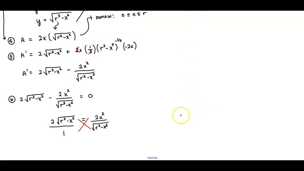 Math 1A 4.6 Ex 5 Find area of largest rectangle that can be inscribed in a semicircle of radius r.