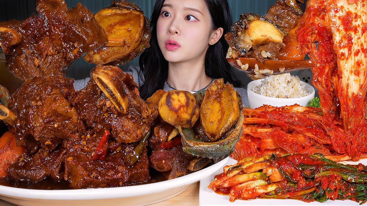ASMR MUKBANG | 뼈가 쏙! 빠지는 매콤달콤 전복소갈비찜 🍖 겉절이 파김치 먹방 Braisd Beef Ribs with Abalone & Homemad