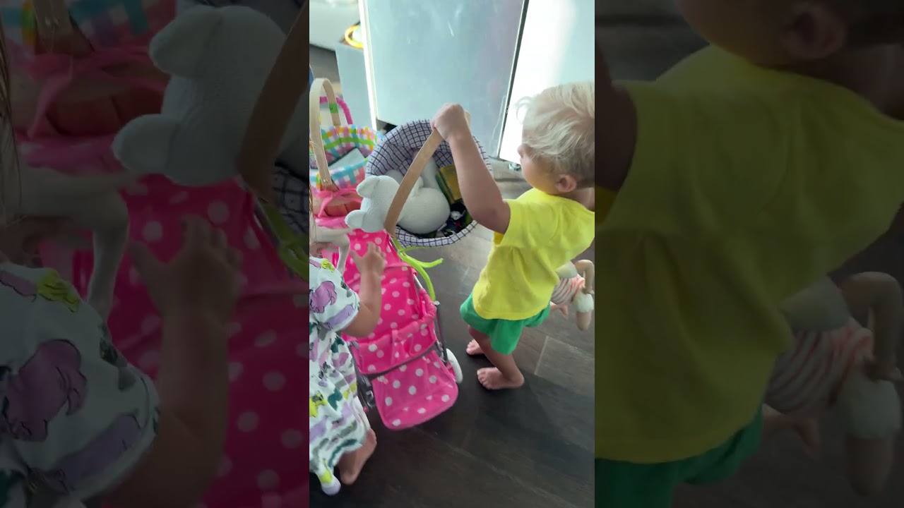 The tiny tots are playing with their toys at home. Cute Toddlers Game!