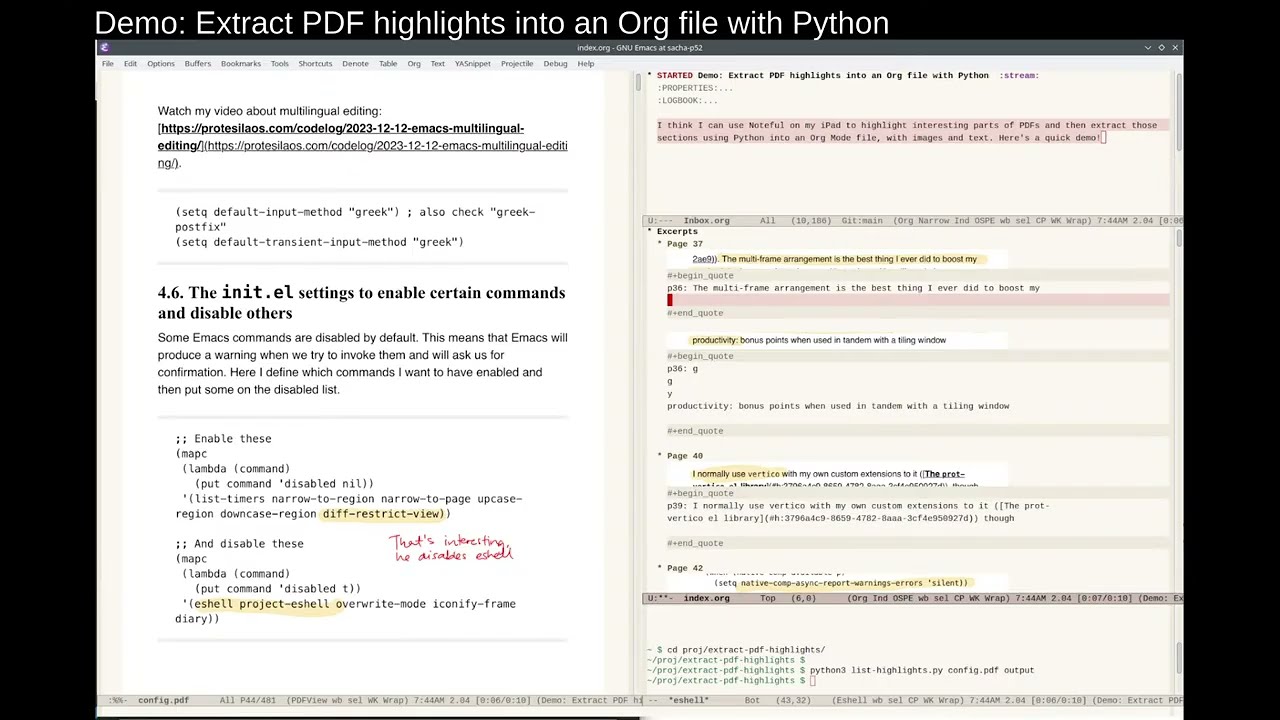 Yay Emacs live: Demo: Extract PDF highlights into an Org file with Python