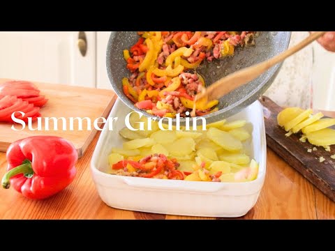 Our family summer Gratin with pepperoni & tomato!