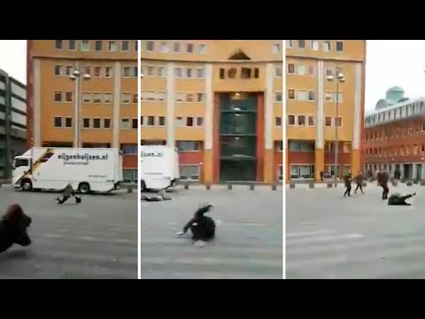 Powerful winds sweep people off their feet in the Netherlands