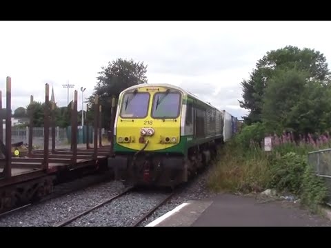 Irish Rail 201 loco 218 + IWT Liner passes Kildare