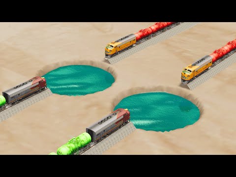 Impossible Double Giant Pothole Rail Tracks Vs Trains Crossing Deep Water- BeamNG.Drive
