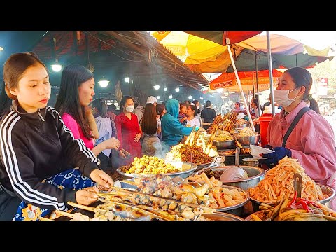 Amazing! Cambodia Street Food at Oudong Market - Frog, Shrimp, Fish Cake, Bee, Dessert, & More
