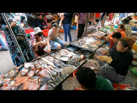 Busy Cambodian Food Market Scenes Early Morning - Food Video & People Activities
