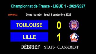 Débrief TOULOUSE - LILLE : 0-1 - 3ème journée Ligue 1 2026/2027 - Stats, infos, classement