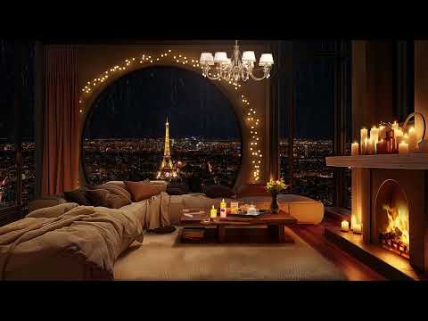 Cozy Apartment Ambience in Paris with Elegant Jazz Saxophone 🌧️ Rain & Fireplace Sounds for Relaxing
