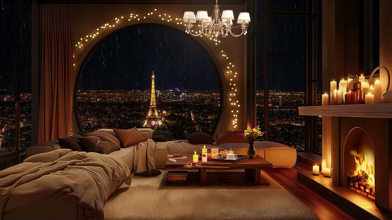 Cozy Apartment Ambience in Paris with Elegant Jazz Saxophone 🌧️ Rain & Fireplace Sounds for Relaxing
