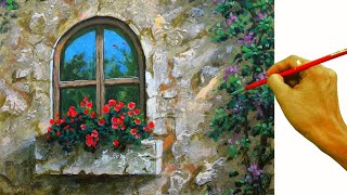 HOW TO PAINT Old Brick House Window with Flowers using Palette Knife in Acrylics