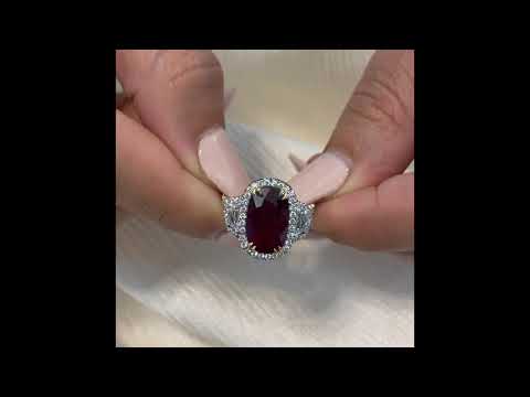 Ruby and Diamond Three-Stone Halo Engagement Ring