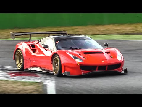 Ferrari 488 GT3 Evo 2018 in action at Monza Circuit: Accelerations, Fly Bys & Turbo Noises!