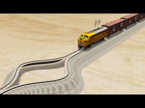 Impossible Weird Splitting Rail Wave Tracks Vs Trains Crossing Giant Pit - BeamNG.Drive
