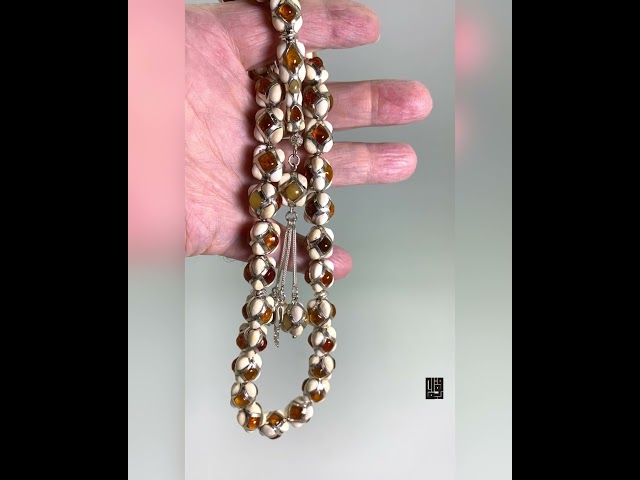 قوافل سبحة من عاج الطبيعي مشغول بالفضة و الكهرمان IV0033 فيديو